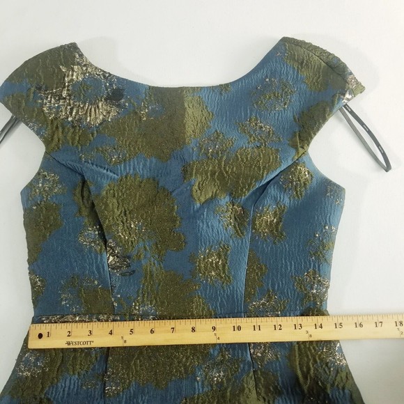 Vera Wang Brocade Dress Women Size 6 Dark Teal Green Metallic V-cut Back Lined - Picture 7 of 16
